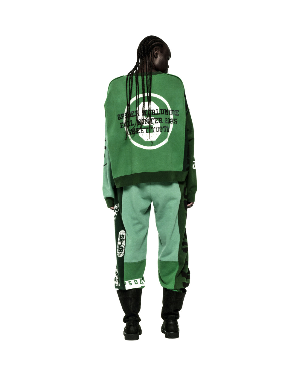 SUPERFIVE CREWNECK: Green color block 13oz cotton fleece crewneck and sweatpants with graphic print logos.