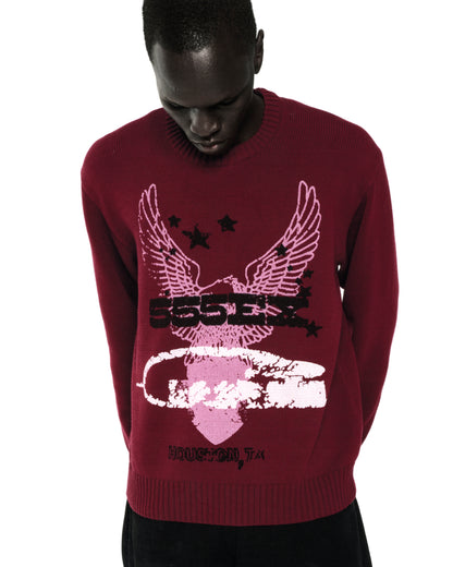 Red knit sweater with pink eagle graphic, "555EX" text, stars, and "HOUSTON, TX" on front.