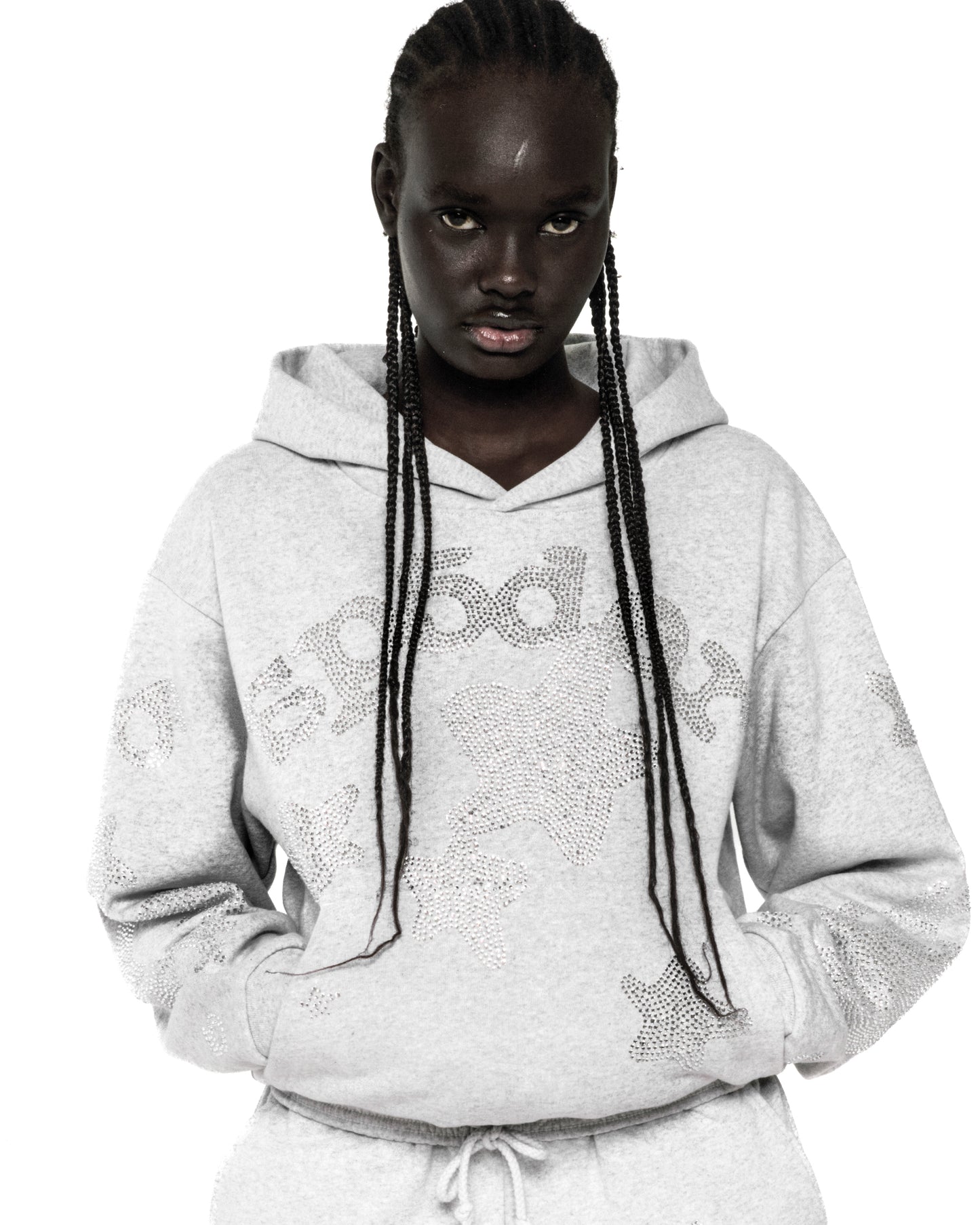 Light grey RHINESTONE BELUGA HOODIE with 'SP5DER' and star design, kangaroo pocket, rib knit hem and cuffs.