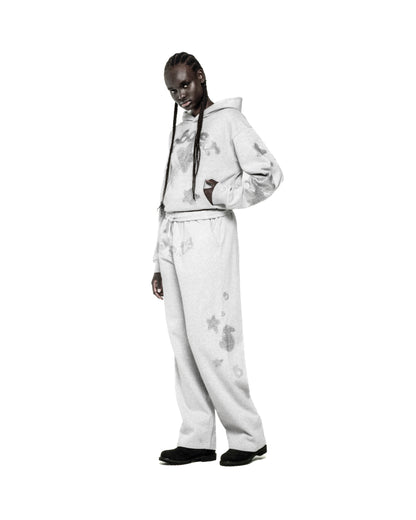 Light grey RHINESTONE BELUGA HOODIE and sweatpants set with 'SP5DER' and star rhinestone designs.