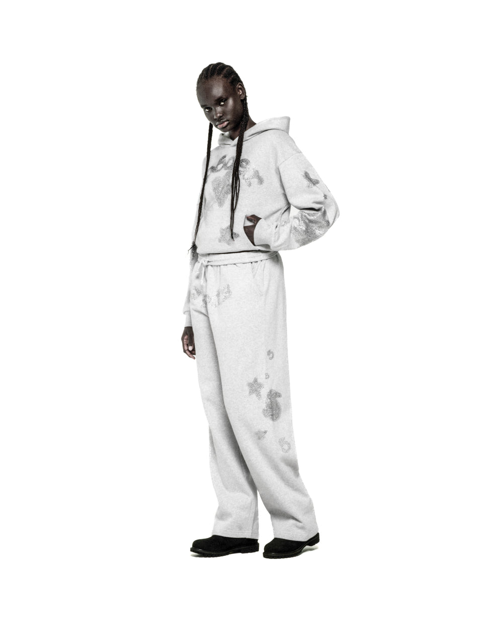 Light grey RHINESTONE BELUGA HOODIE and sweatpants set with 'SP5DER' and star rhinestone designs.