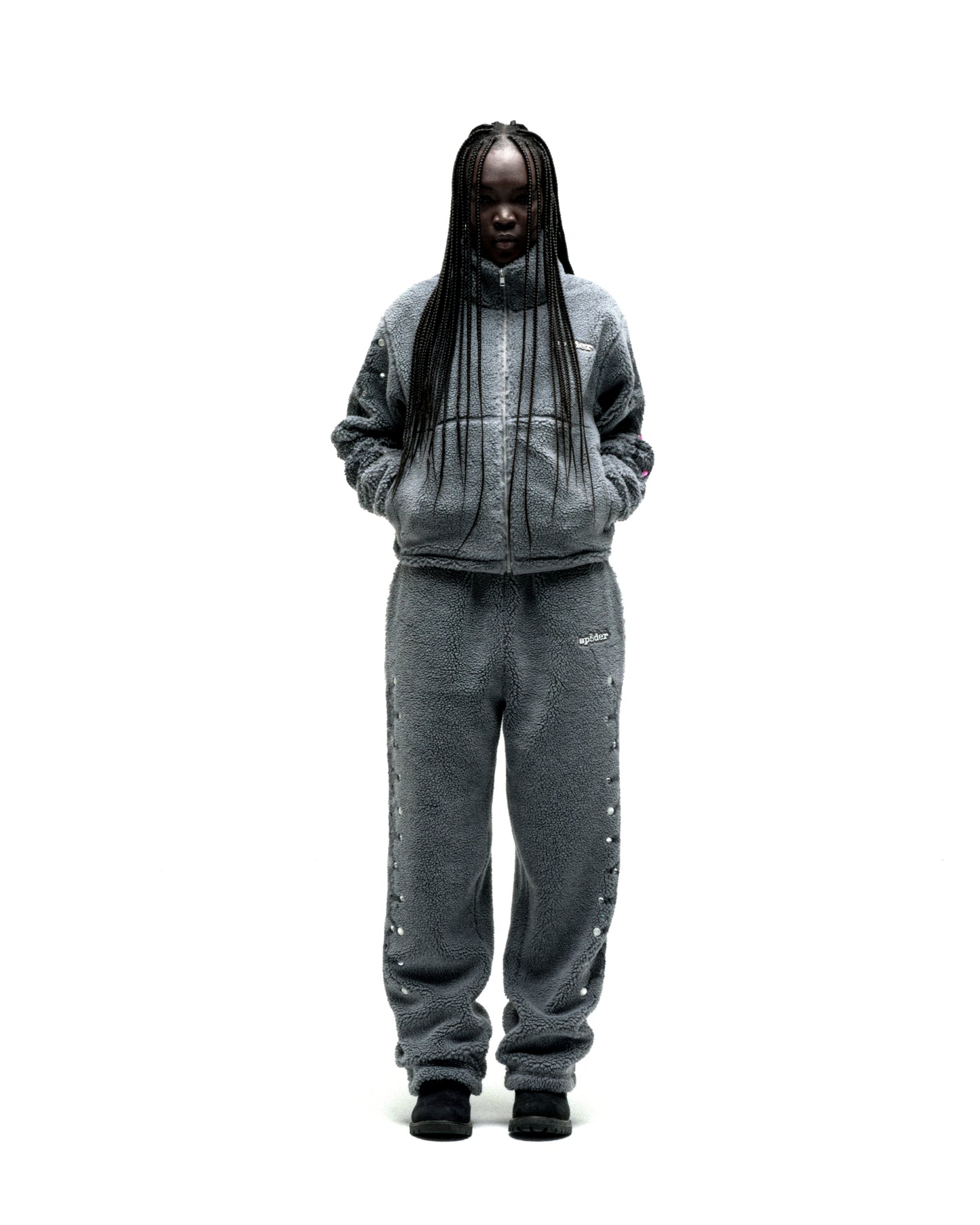 Gray sherpa fleece zip-up jacket and matching pants with rhinestone embellishments.