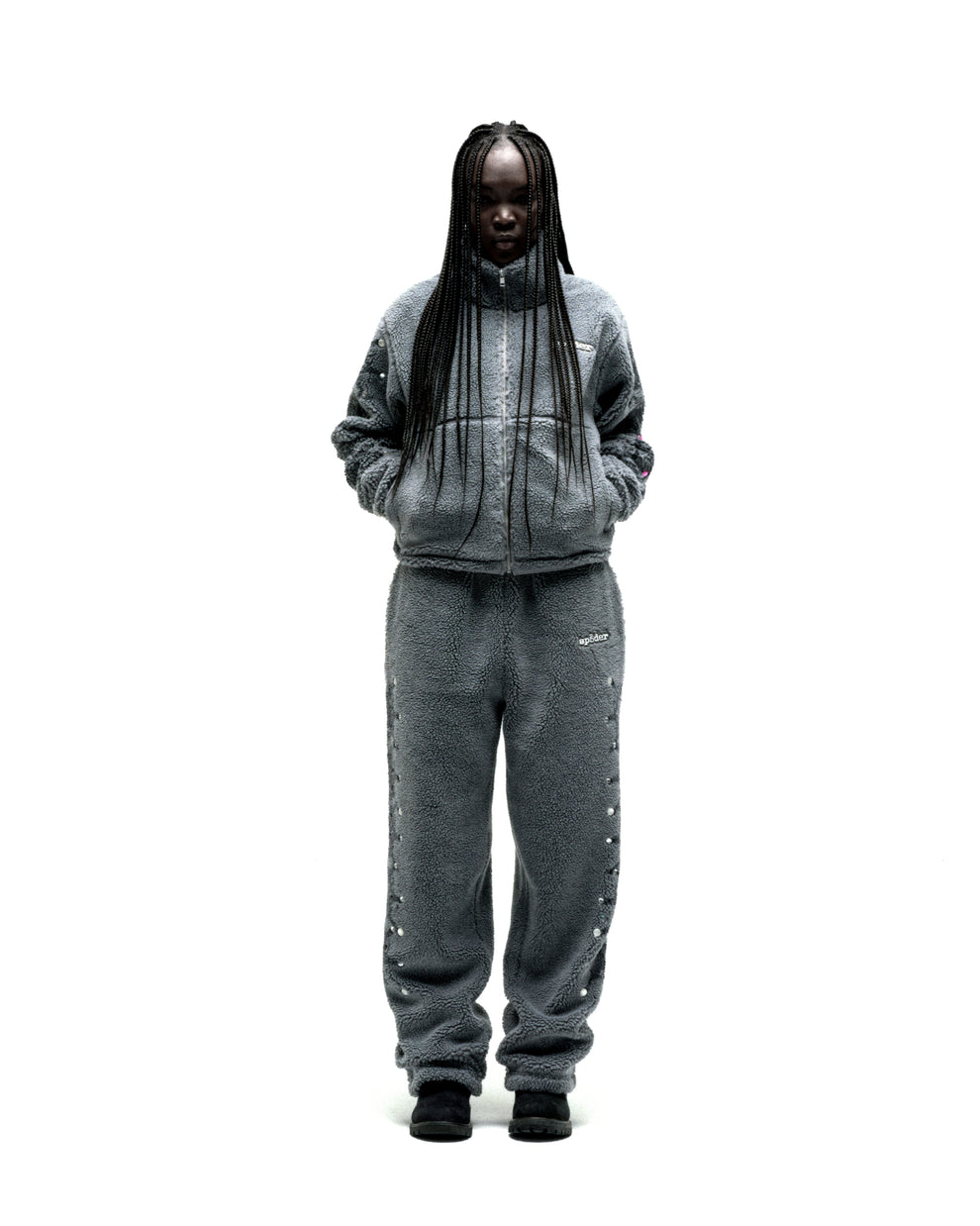 Gray sherpa fleece zip-up jacket and matching pants with rhinestone embellishments.