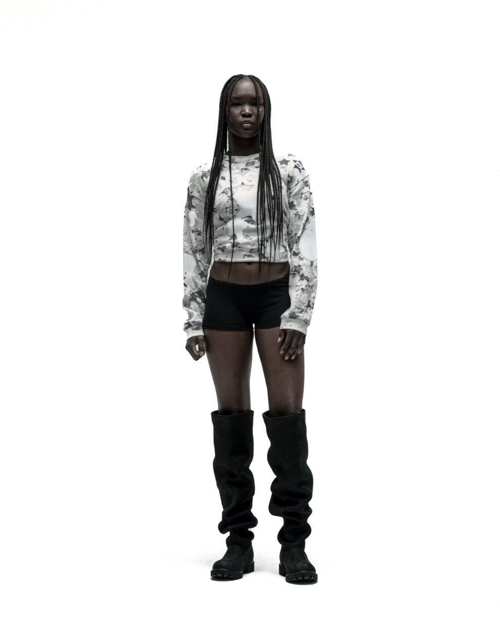 BELUGA AOP thermal, white waffle knit with star camo print, ribbed collar, hem, cuffs.