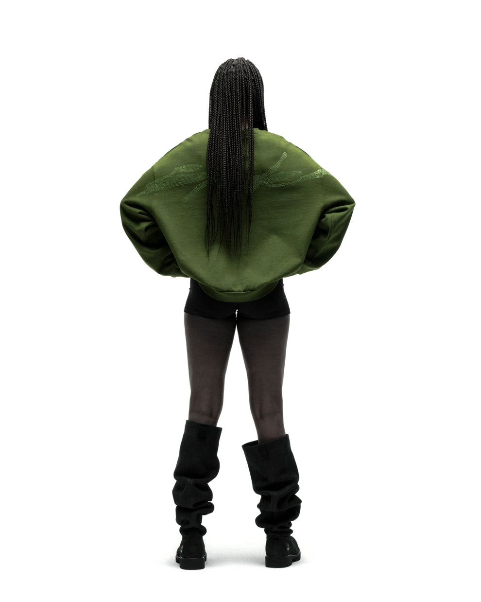 Back view of a person wearing an oversized olive green RHINESTONE TM CREWNECK with embellished graphic.