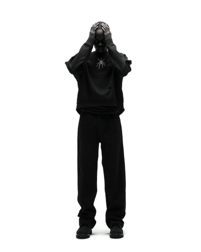 Black RHINESTONE TM CREWNECK with spider graphic, 100% cotton brushed fleece.