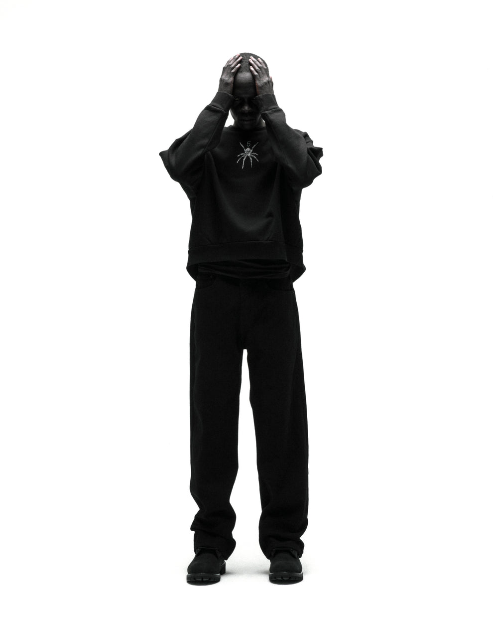 Black RHINESTONE TM CREWNECK with spider graphic, 100% cotton brushed fleece.