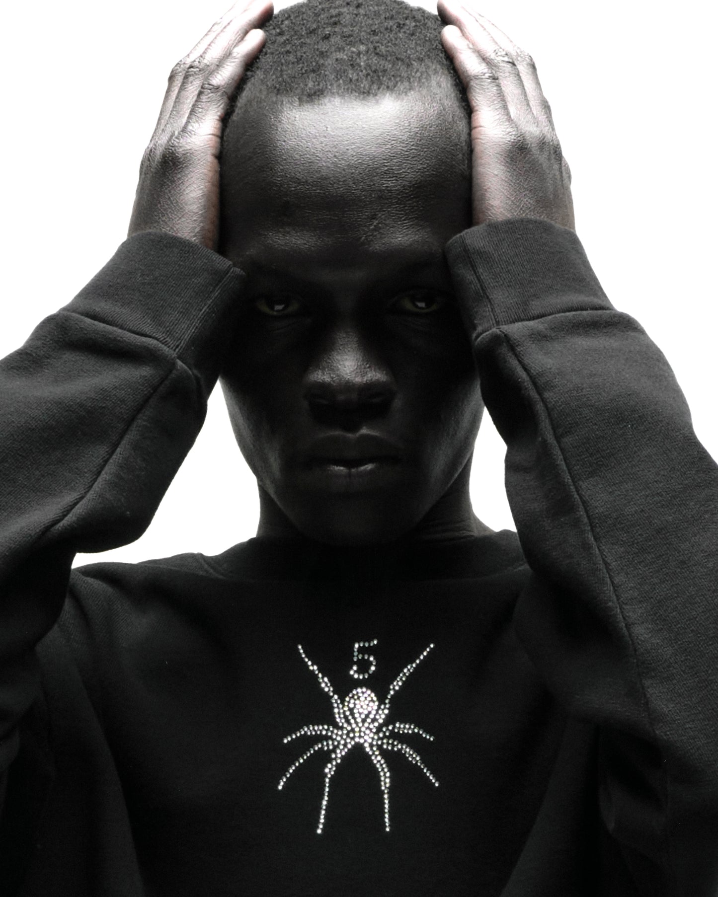Black 100% cotton RHINESTONE TM CREWNECK with rhinestone spider graphic, worn by a person.