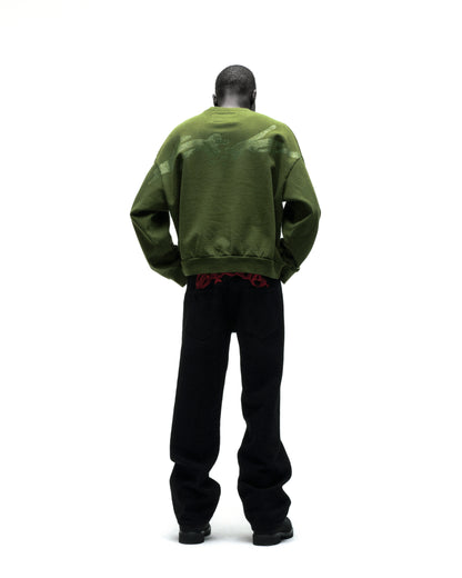 Green RHINESTONE TM CREWNECK, 100% cotton brushed fleece, with rhinestone graphic on back.