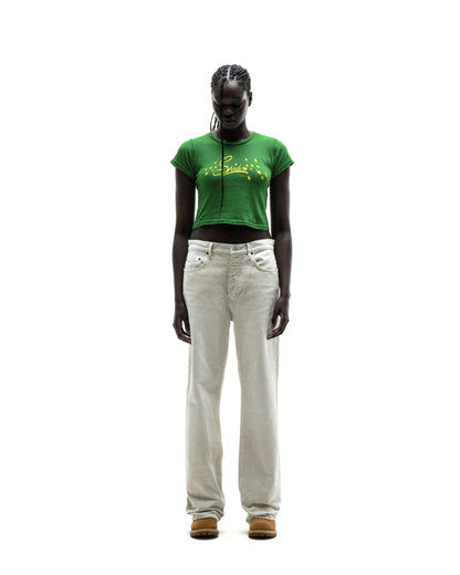Green cotton/spandex cropped baby tee with yellow "CUNTRY SPRAY" graphic print on front.