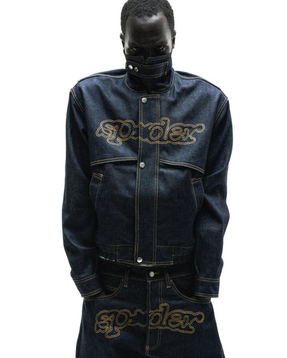 Dark wash denim jacket with yellow stitching, embroidered script logo, stand collar, and zipper placket.