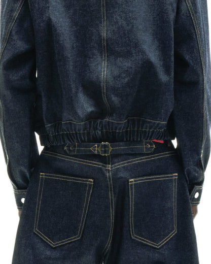 Dark wash denim jacket and jeans with gold stitching, featuring an adjustable buckle-back cinch on the jeans.