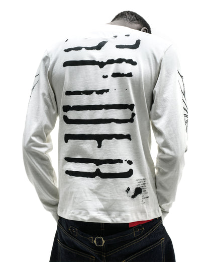 WAIT LONGSLEEVE: White 100% cotton long sleeve tee with black graphic print on back and sleeves.