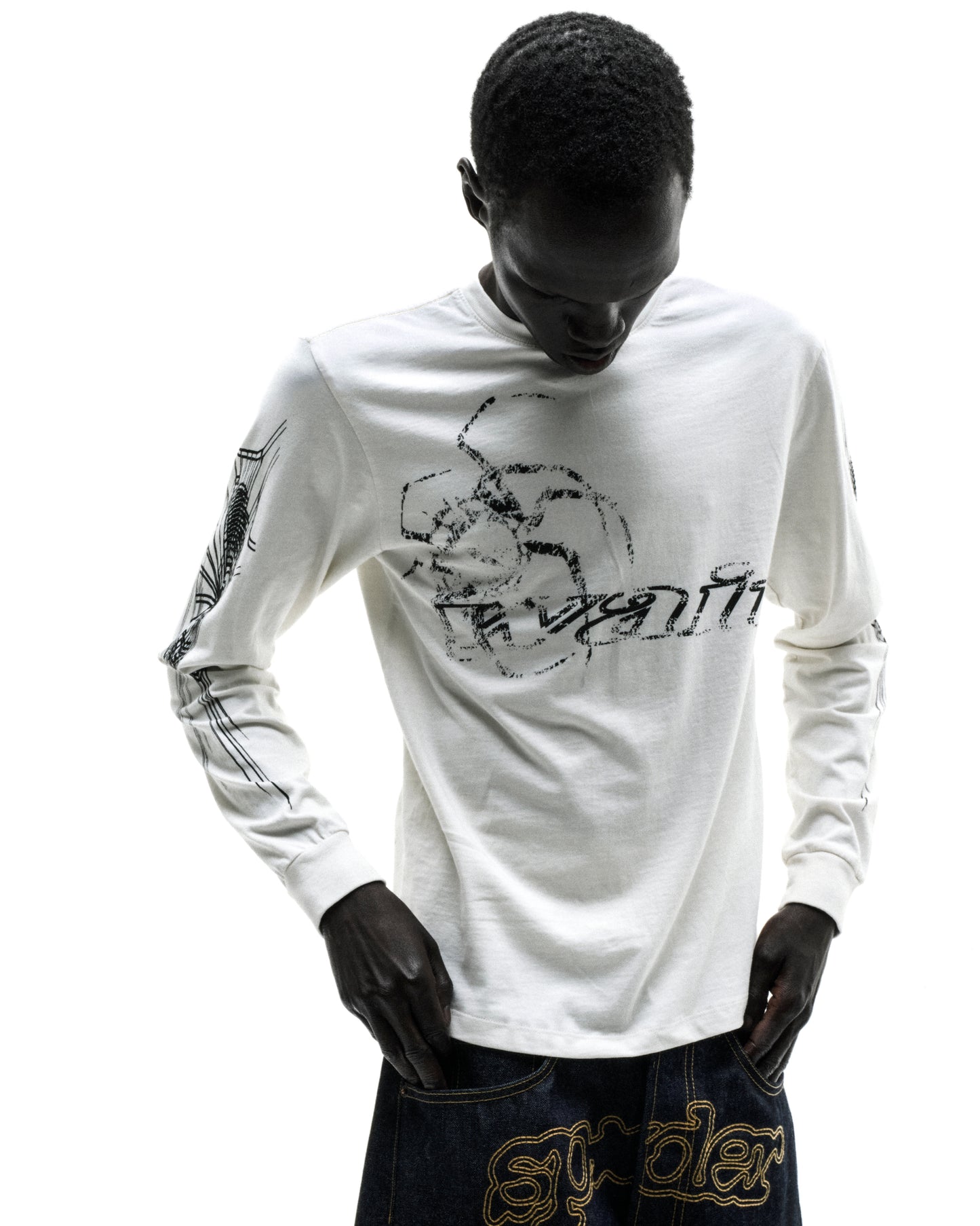 WAIT LONGSLEEVE: White 100% cotton long sleeve tee with black graphic print on sleeves and chest.