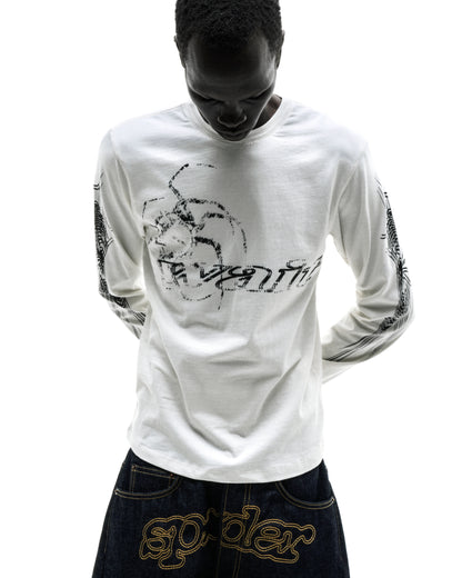 White 100% cotton long sleeve tee with black graphic print on sleeves and chest, ribbed collar and cuffs.