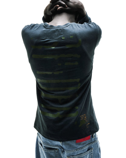 WAIT LONGSLEEVE: Dark grey 100% cotton long sleeve tee with green graphic print on back.