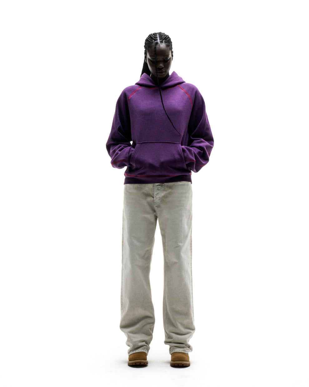 Purple 13oz cotton fleece hoodie with red contrast stitching, kangaroo pocket, and rib knit trim.