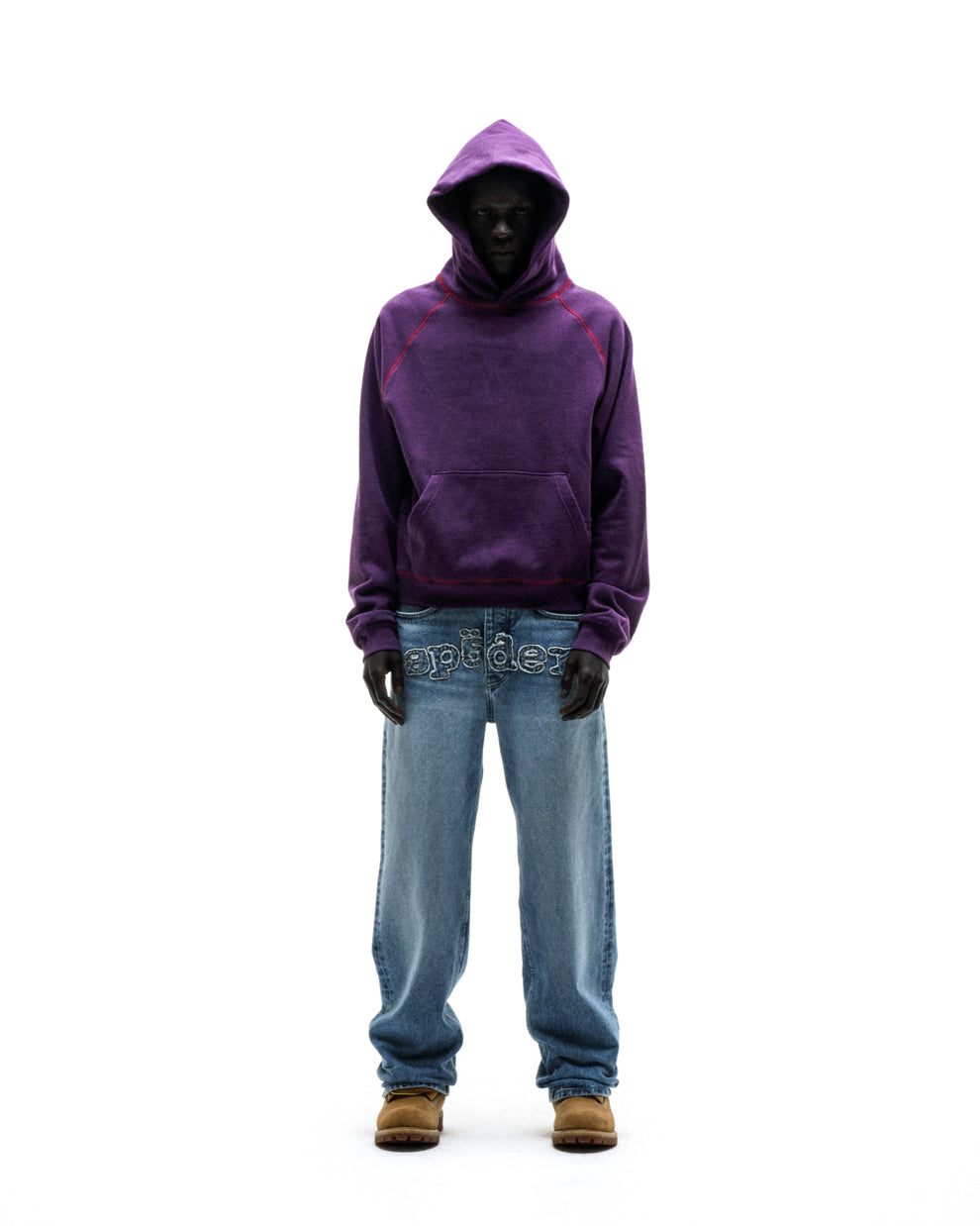 Purple SPLAT COLLISION HOODIE with graphic print, contrast red stitching, kangaroo pocket, and rib knit trims.