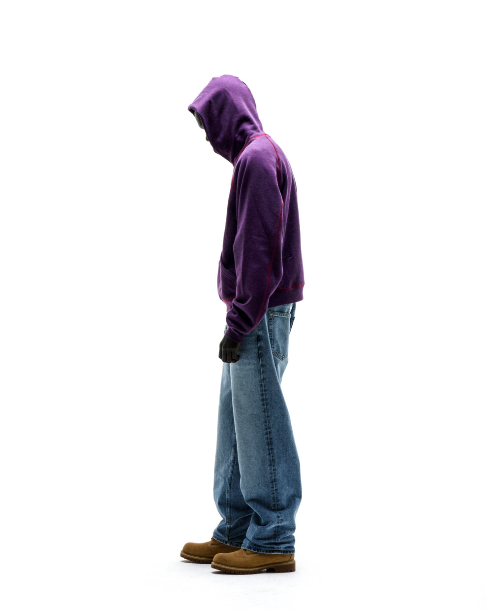 Purple SPLAT COLLISION HOODIE with contrast red stitching, kangaroo pocket, and rib knit details.