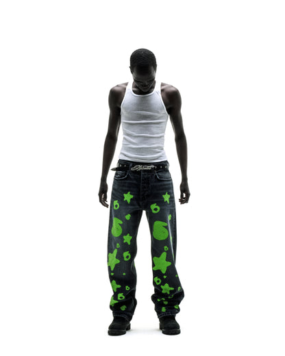 BELUGA STAMP DENIM: Faded wash jeans with bright green star and circle stamp design, custom hardware, and straight leg fit.