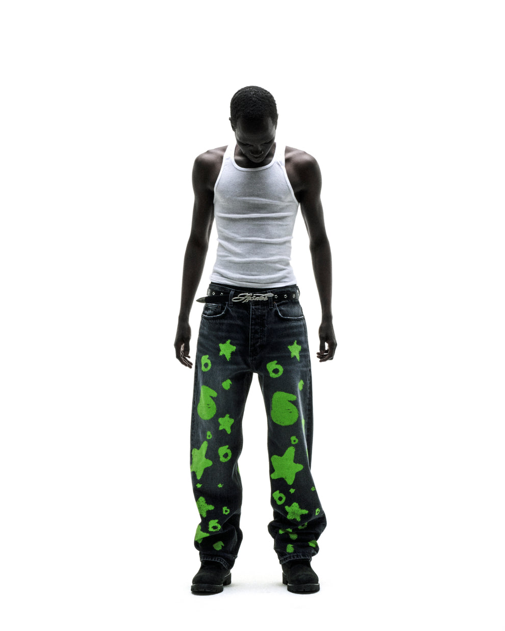 BELUGA STAMP DENIM: Faded wash jeans with bright green star and circle stamp design, custom hardware, and straight leg fit.