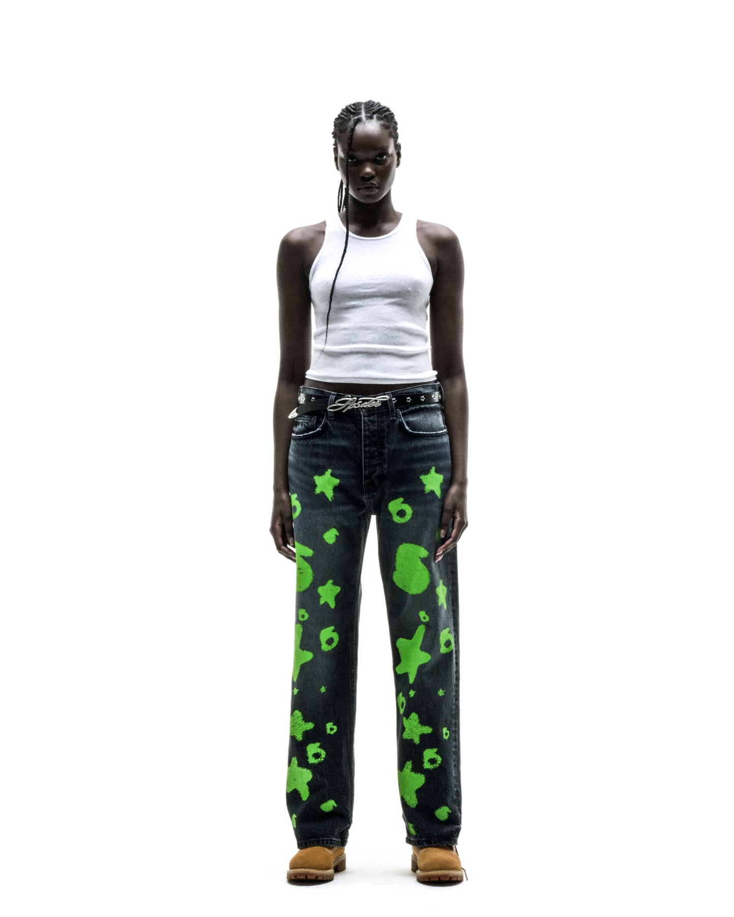 Faded wash BELUGA STAMP DENIM jeans with green star and number design, custom hardware, and straight leg fit.