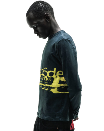 Dark blue 100% cotton long sleeve tee with a distressed yellow graphic print on the front.