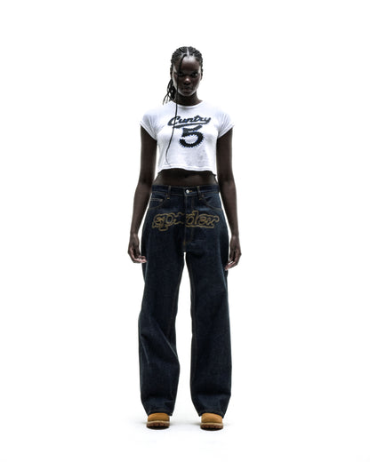 White cotton/spandex cropped tee with "CUNTRY 5" graphic print worn by a model.