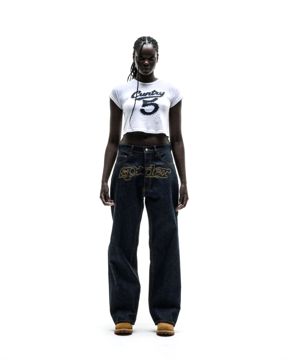 White cotton/spandex cropped tee with "CUNTRY 5" graphic print worn by a model.