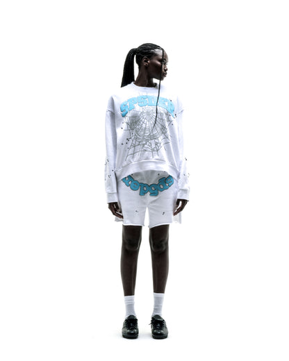 White VARSITY WEB CREWNECK and shorts set with blue web and text print, scattered stars.