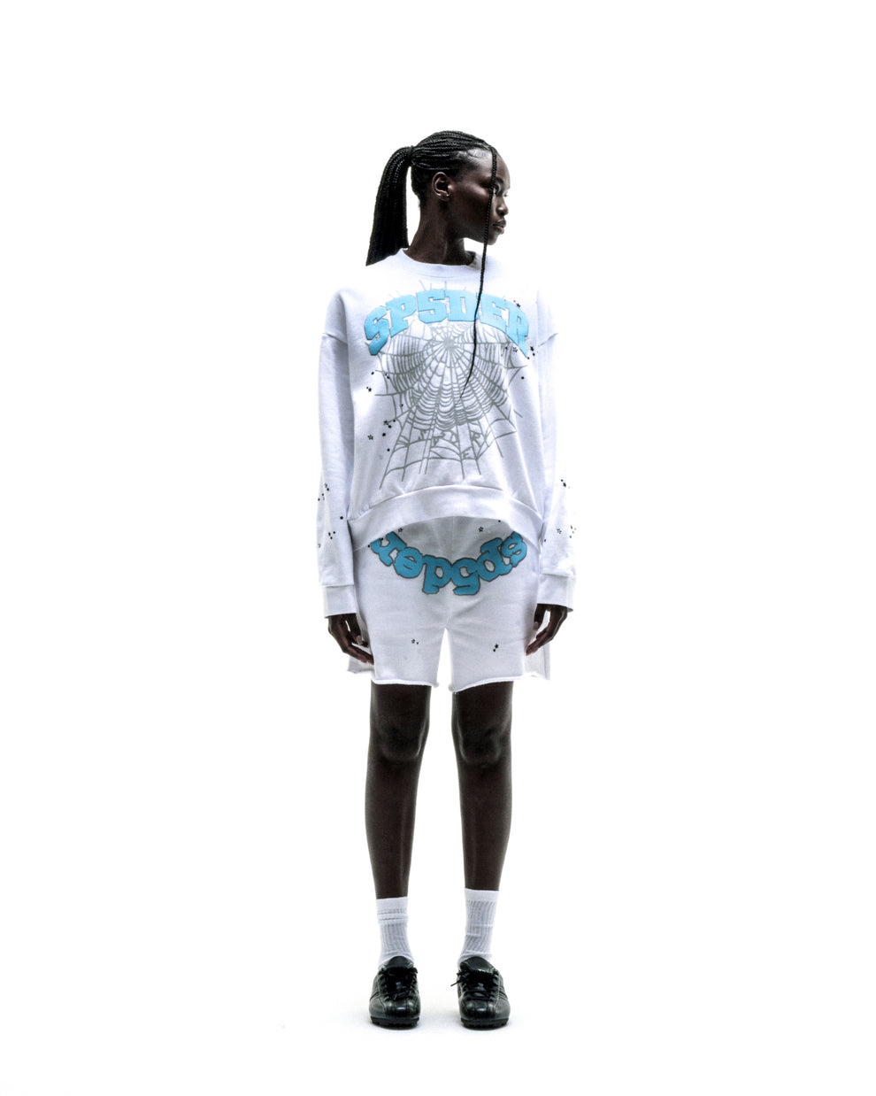 White VARSITY WEB CREWNECK and shorts set with blue web and text print, scattered stars.