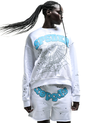 White cotton fleece crewneck with blue "SP5DER" text, spider web, and scattered star print.