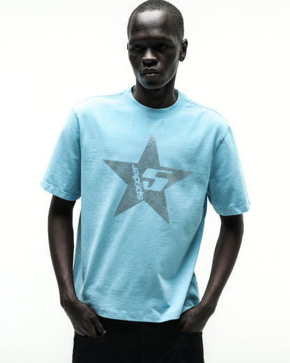 Light blue cotton tee with a large dark gray rhinestone star design.