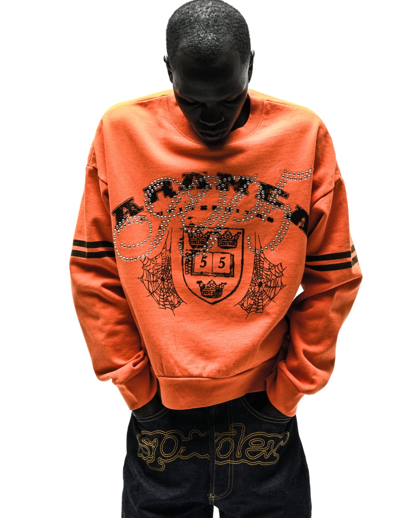 ARANEA CREWNECK: Orange crewneck sweatshirt with black "ARANEA" text, studded crest, spiderwebs, and striped sleeves.