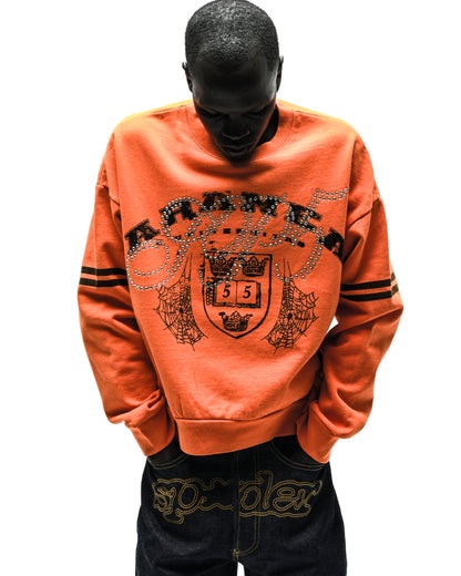 ARANEA CREWNECK: Orange crewneck sweatshirt with black "ARANEA" text, studded crest, spiderwebs, and striped sleeves.