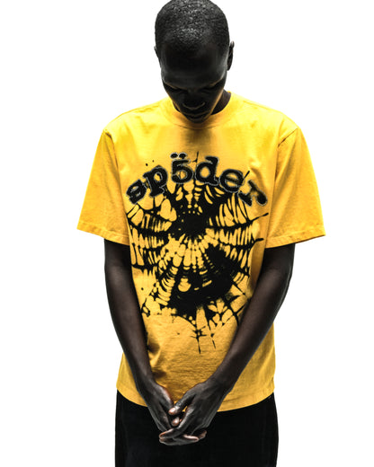 Yellow cotton tee with "SP5DER" text and spider web graphic, lined with rhinestones.