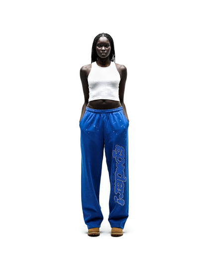 Blue RHINESTONE PUNK V2 SWEATPANT with "P*NK SP5DER" text, scattered stars, and wide leg.