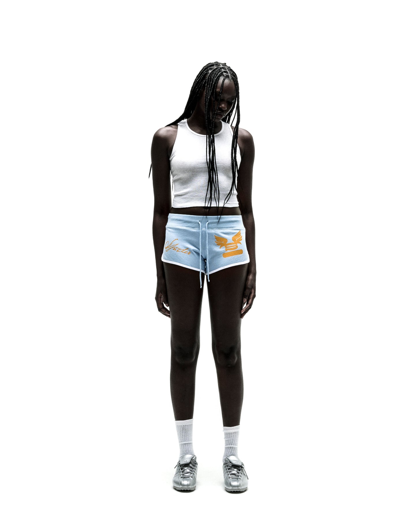 SP5 WIDE BOXER in light blue with orange winged logo, white trim, and drawstring.