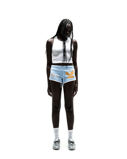 SP5 WIDE BOXER in light blue with orange winged logo, white trim, and drawstring.