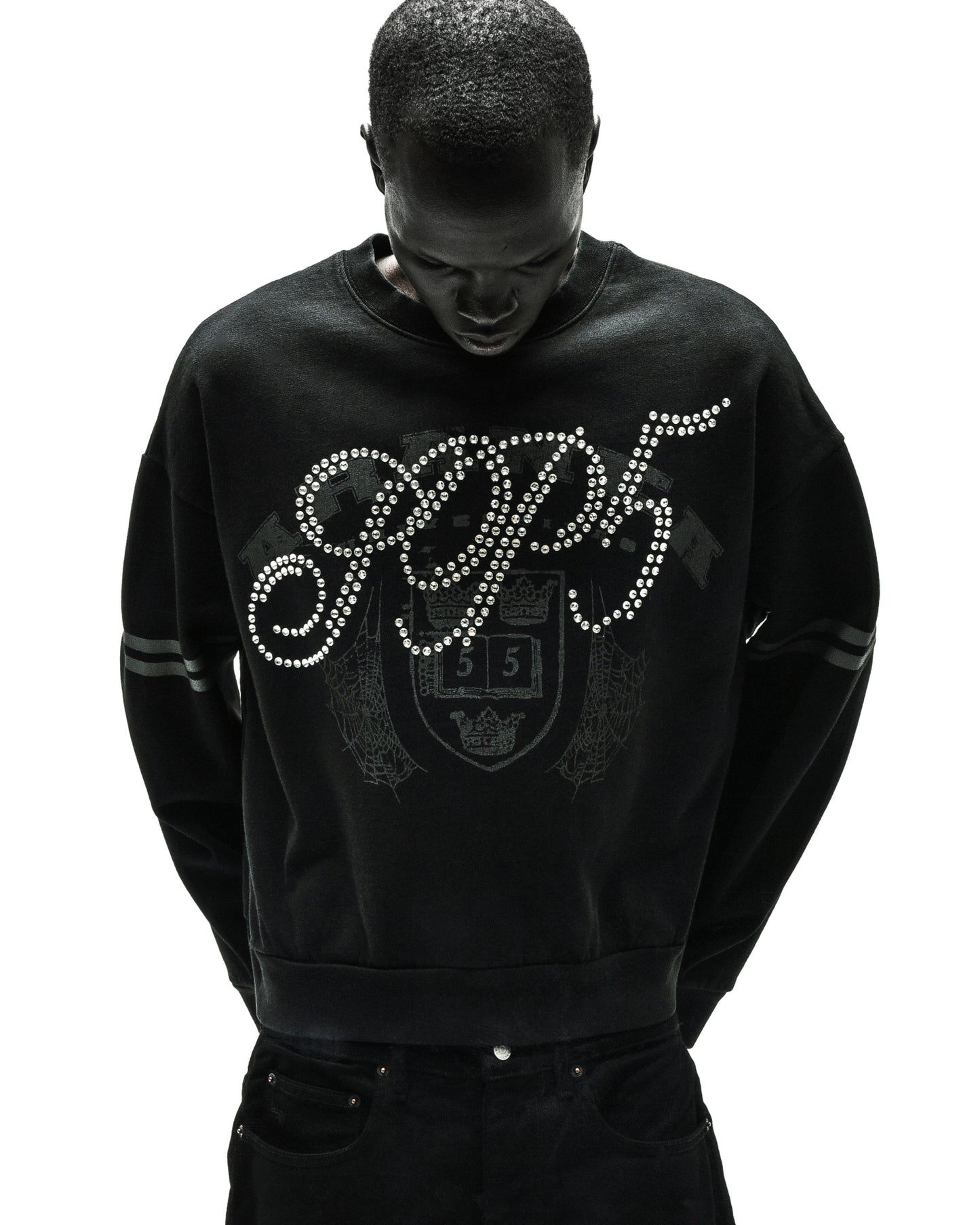 ARANEA CREWNECK: Black oversized sweatshirt with rhinestone "SP5DER" logo, web graphic, and arm stripes.