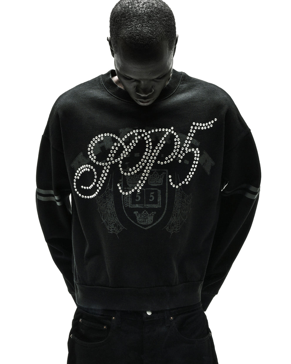 ARANEA CREWNECK: Black oversized sweatshirt with rhinestone "SP5DER" logo, web graphic, and arm stripes.