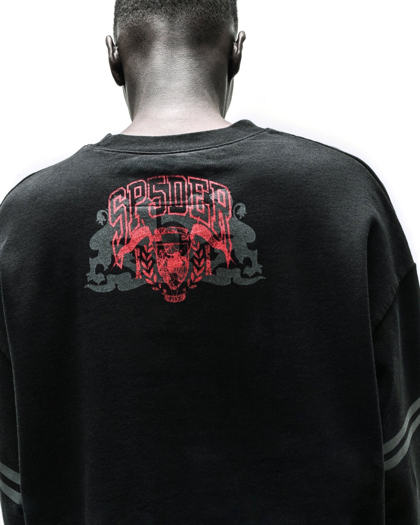 Black ARANEA CREWNECK with red "SPIDER" graphic and grey striped sleeves.