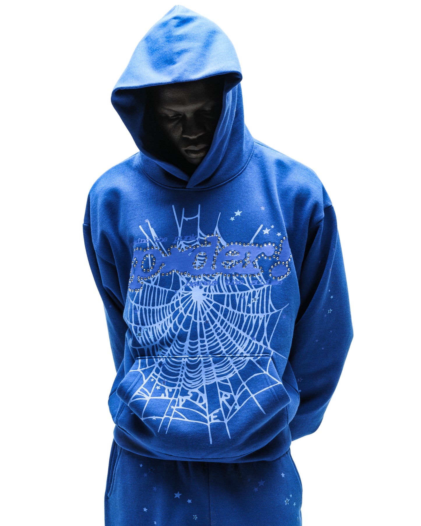 Blue cotton fleece hoodie with rhinestone "P*NK SP5DER" motif and web design.