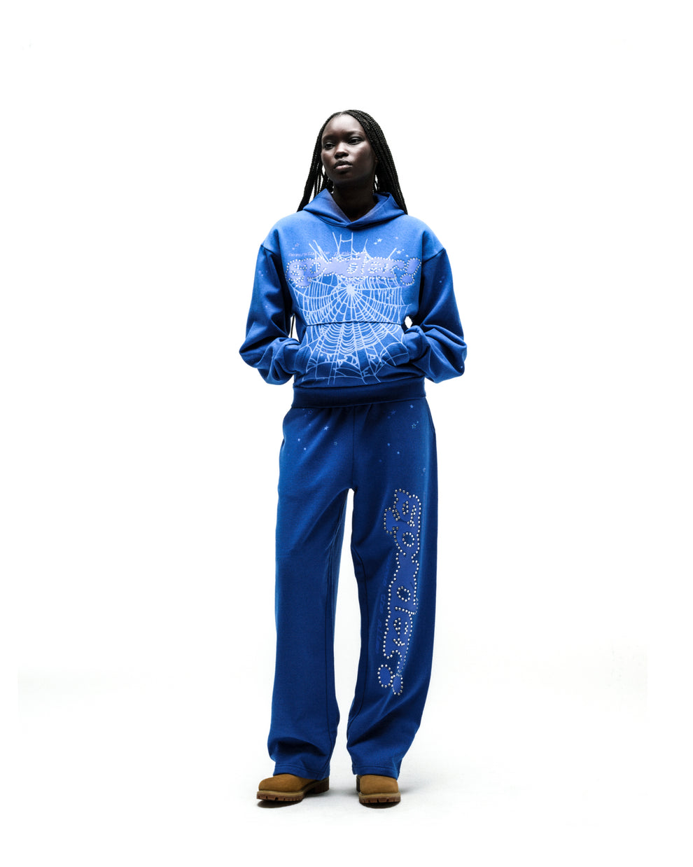 Blue cotton fleece RHINESTONE PUNK V2 hoodie and sweatpants with SP5DER motif and web.